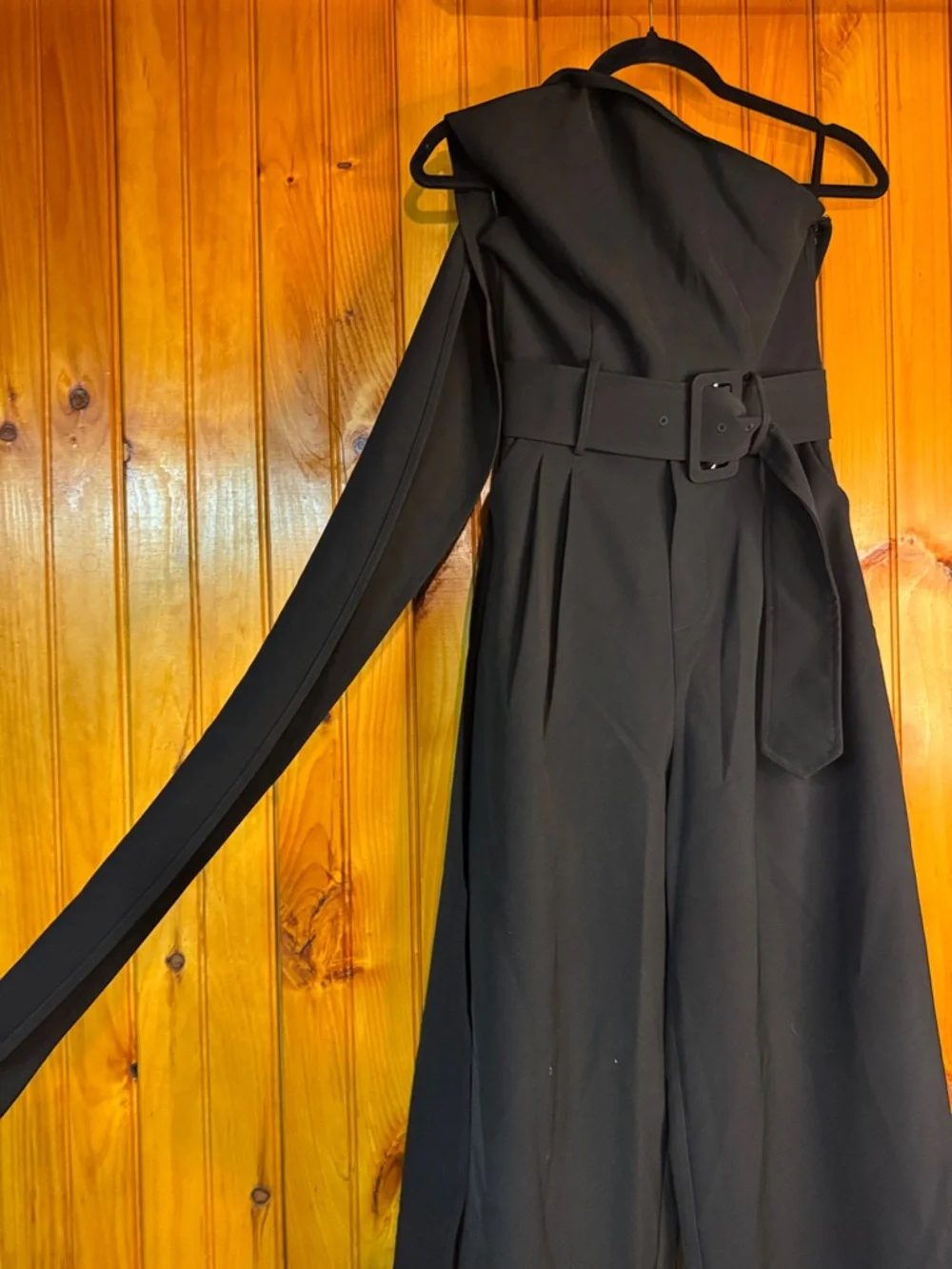 Choosy Elegent One-Shoulder Tie Wide-Leg Pant Jumpsuit with Belt,Black - Picture 2 of 11